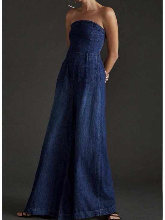 Anthropologie Pants - Anthropologie, Pilcro The Skipper denim strapless Wide Leg  jumpsuit Size 4 Boho